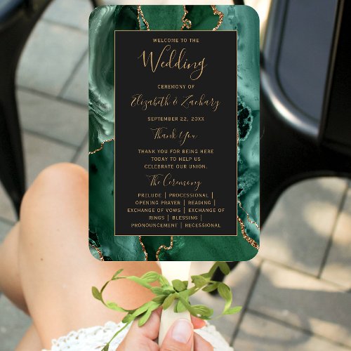 Emerald Green Gold Agate Dark Wedding Program Hand Fan