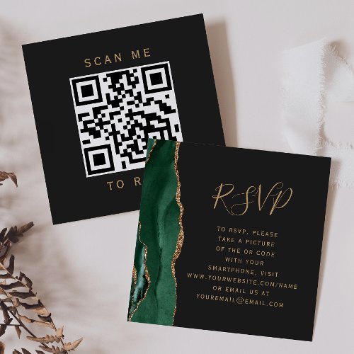 Emerald Green Gold Agate Dark Wedding QR Code RSVP Enclosure Card