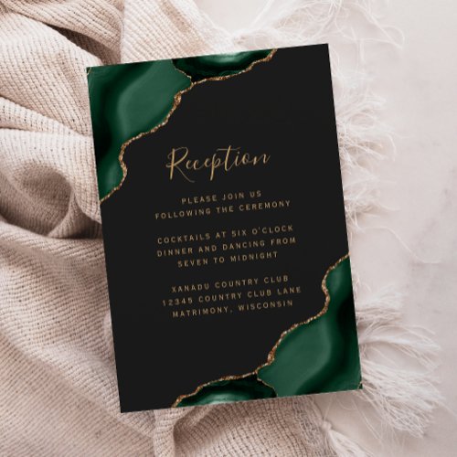 Emerald Green Gold Agate Dark Wedding Reception Enclosure Card