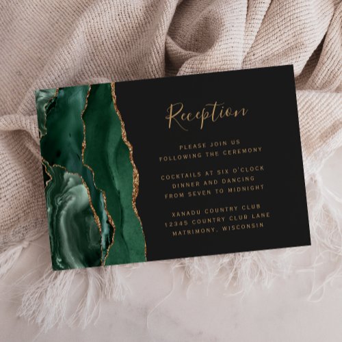 Emerald Green Gold Agate Dark Wedding Reception Enclosure Card