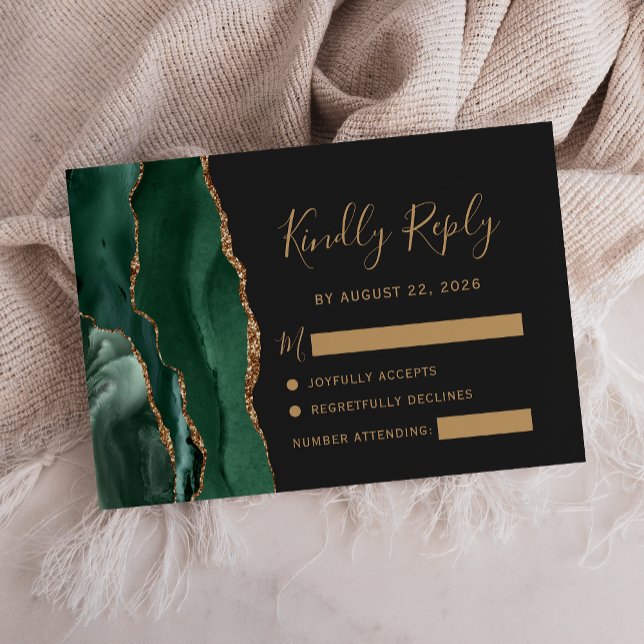 Emerald Green Gold Agate Dark Wedding RSVP Card (Creator Uploaded)