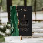 Emerald Green Gold Agate Dark Wedding Table Number<br><div class="desc">The left-hand edge of this elegant modern wedding table number card features an emerald green watercolor agate border trimmed with faux gold glitter. The word "table" appears in gold-colored handwriting script on an off-black background. Add the names of your guests who are assigned to each table.</div>