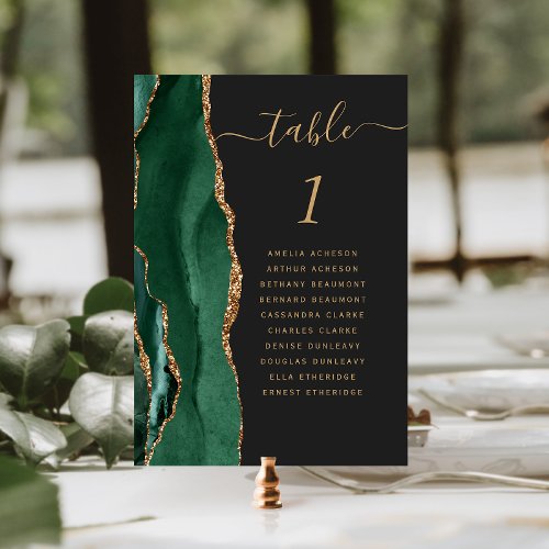 Emerald Green Gold Agate Dark Wedding Table Number