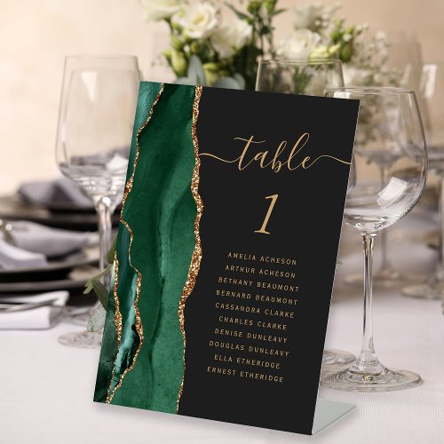 Emerald Green Gold Agate Dark Wedding Table Number Pedestal Sign