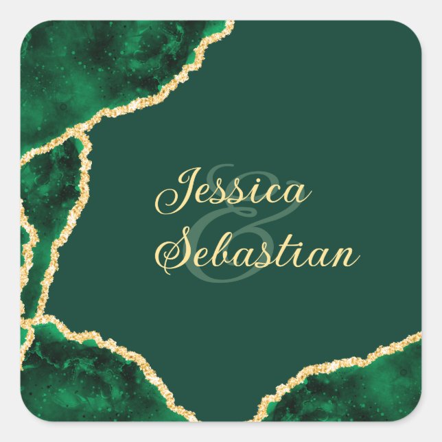 Emerald Green & Gold Agate Elegant Wedding Square Sticker (Front)