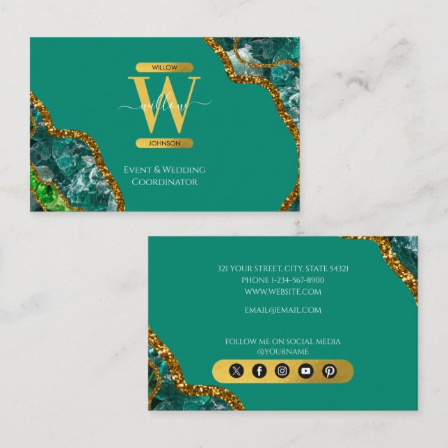 Emerald Green & Gold Agate Geode Glitter  Business Card (Front/Back)