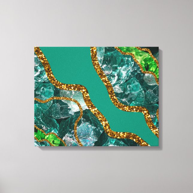 Emerald Green & Gold Agate Geode Glitter Canvas Print (Front)