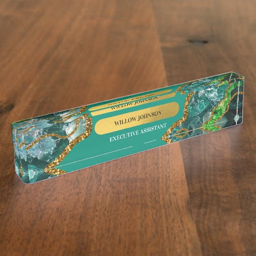 Emerald Green  Gold Agate Geode Glitter Desk Name Plate