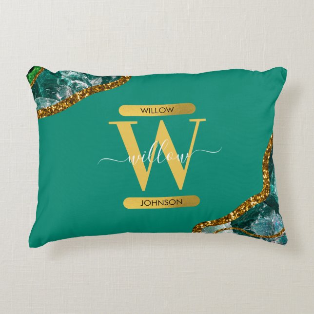 Emerald Green & Gold Agate Geode Glitter Monogram Accent Pillow (Front)