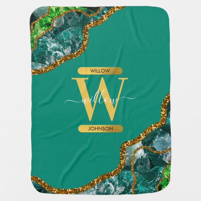 Emerald Green & Gold Agate Geode Glitter Monogram Baby Blanket (Front)