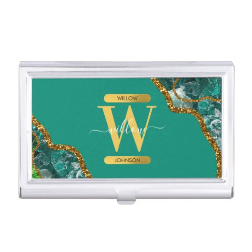 Emerald Green  Gold Agate Geode Glitter Monogram  Business Card Case
