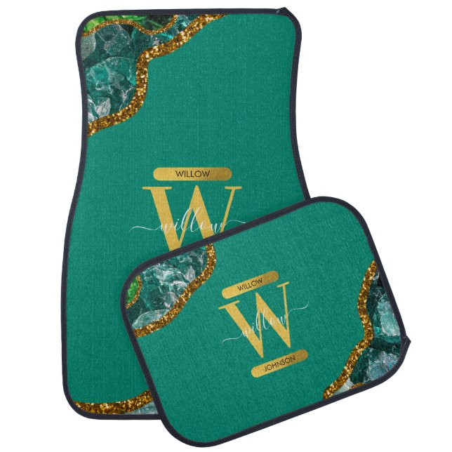 Emerald Green & Gold Agate Geode Glitter Monogram Car Floor Mat (Set)