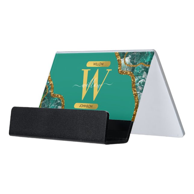 Emerald Green & Gold Agate Geode Glitter Monogram Desk Business Card Holder (Angled Front)