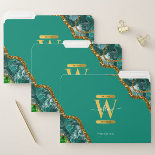 Emerald Green & Gold Agate Geode Glitter Monogram File Folder