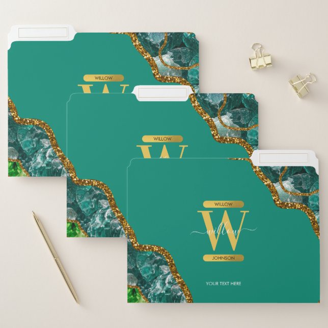 Emerald Green & Gold Agate Geode Glitter Monogram File Folder (Set)