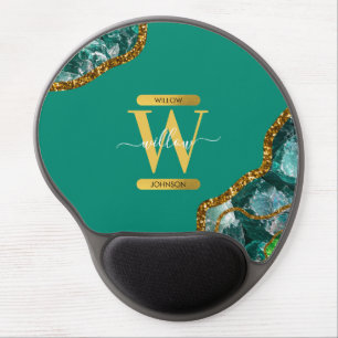 Emerald Green & Gold Agate Geode Glitter Monogram Gel Mouse Pad
