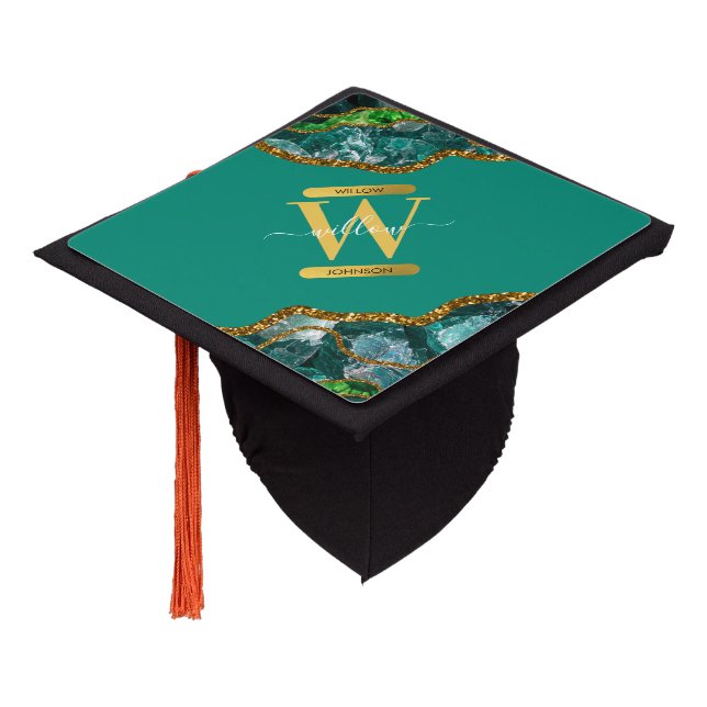 Emerald Green & Gold Agate Geode Glitter Monogram Graduation Cap Topper (Angled)