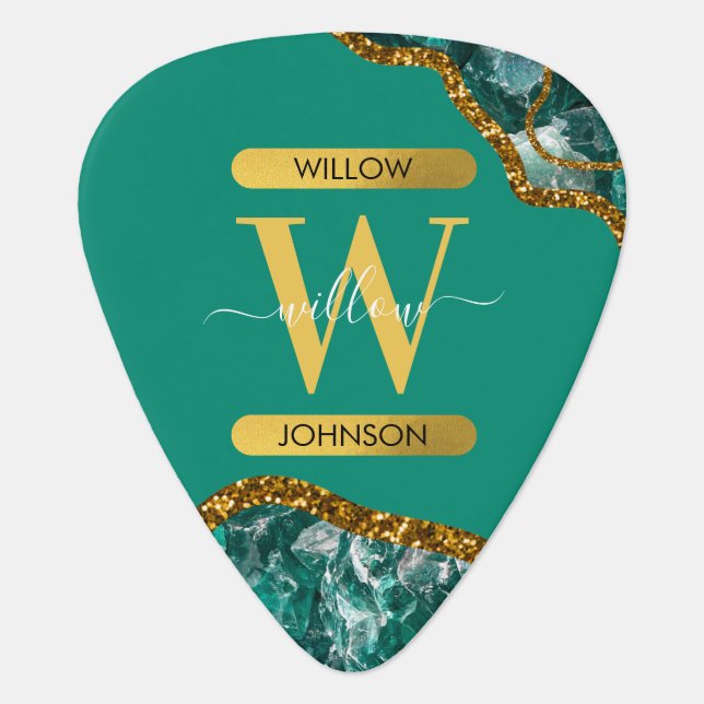 Emerald Green & Gold Agate Geode Glitter Monogram Guitar Pick (Front)