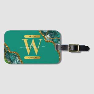 Emerald Green & Gold Agate Geode Glitter Monogram Luggage Tag