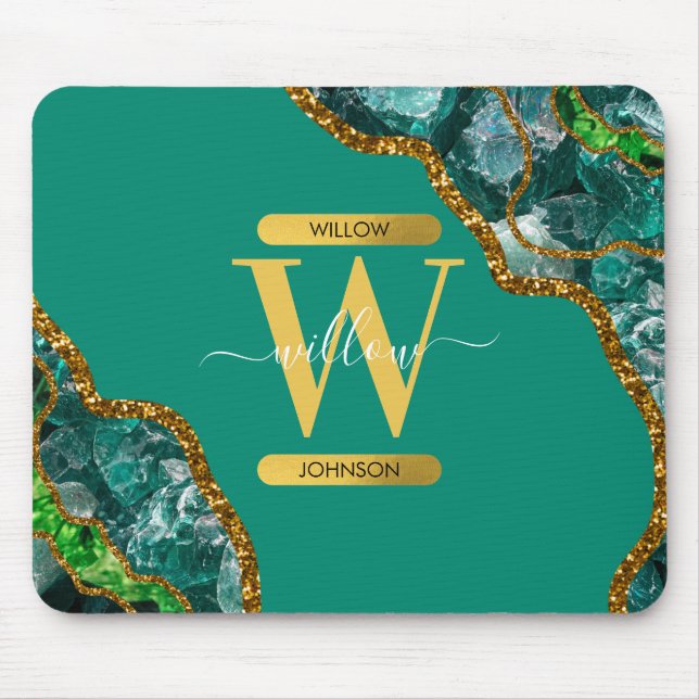 Emerald Green & Gold Agate Geode Glitter Monogram Mouse Pad (Front)