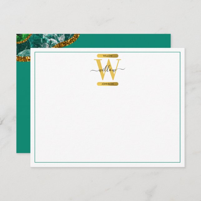 Emerald Green & Gold Agate Geode Glitter Monogram Note Card (Front/Back)
