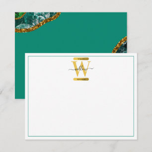 Emerald Green & Gold Agate Geode Glitter Monogram Note Card