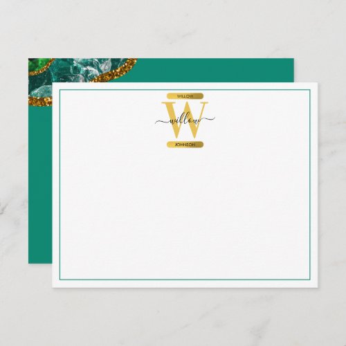 Emerald Green  Gold Agate Geode Glitter Monogram Note Card