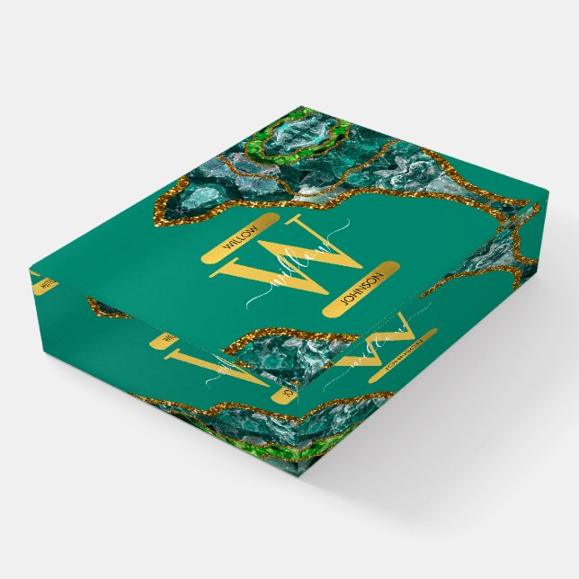 Emerald Green & Gold Agate Geode Glitter Monogram  Paperweight (Angled)