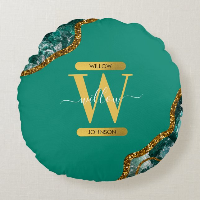 Emerald Green & Gold Agate Geode Glitter Monogram Round Pillow (Front)