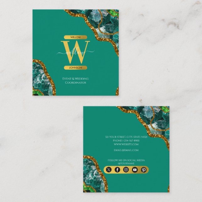 Emerald Green & Gold Agate Geode Glitter Monogram Square Business Card (Front/Back)