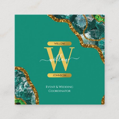 Emerald Green  Gold Agate Geode Glitter Monogram Square Business Card
