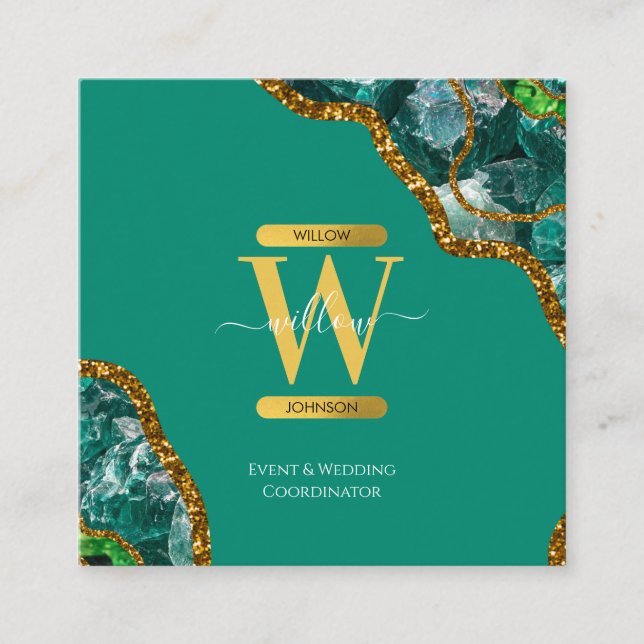Emerald Green & Gold Agate Geode Glitter Monogram Square Business Card (Front)