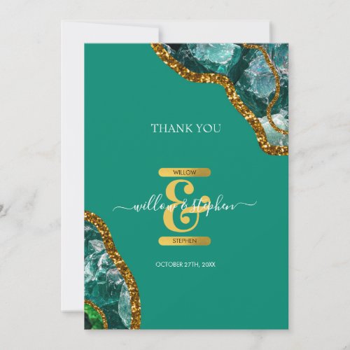 Emerald Green  Gold Agate Geode Glitter Monogram Thank You Card
