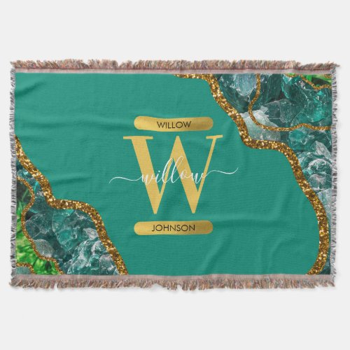 Emerald Green  Gold Agate Geode Glitter Monogram Throw Blanket