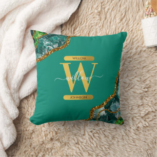 Emerald Green & Gold Agate Geode Glitter Monogram Throw Pillow