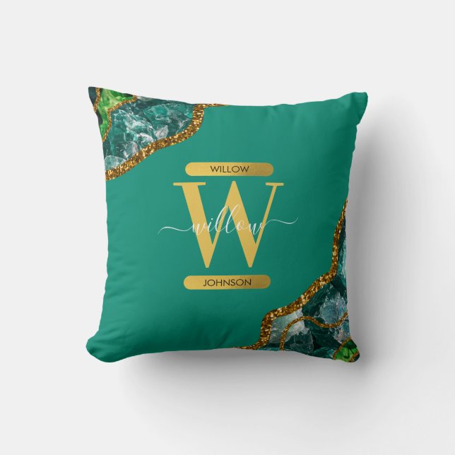 Emerald Green & Gold Agate Geode Glitter Monogram Throw Pillow (Front)