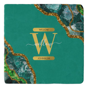 Emerald Green & Gold Agate Geode Glitter Monogram Trivet