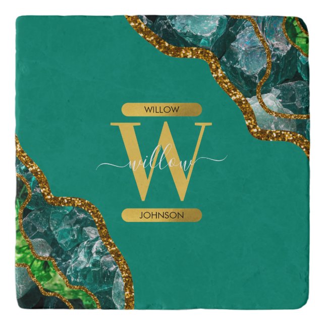 Emerald Green & Gold Agate Geode Glitter Monogram Trivet (Front)