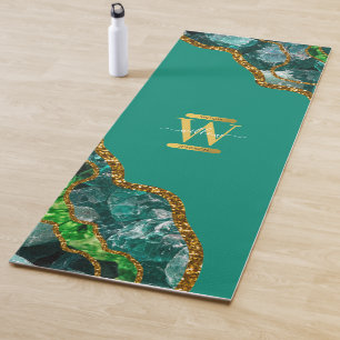 Emerald Green & Gold Agate Geode Glitter Monogram Yoga Mat