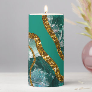 Emerald Green & Gold Agate Geode Glitter Pillar Candle