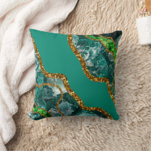 Emerald Green & Gold Agate Geode Glitter Throw Pillow