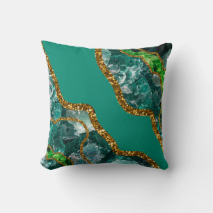 Emerald Green & Gold Agate Geode Glitter Throw Pillow