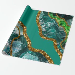 Emerald Green & Gold Agate Geode Glitter Wrapping Paper