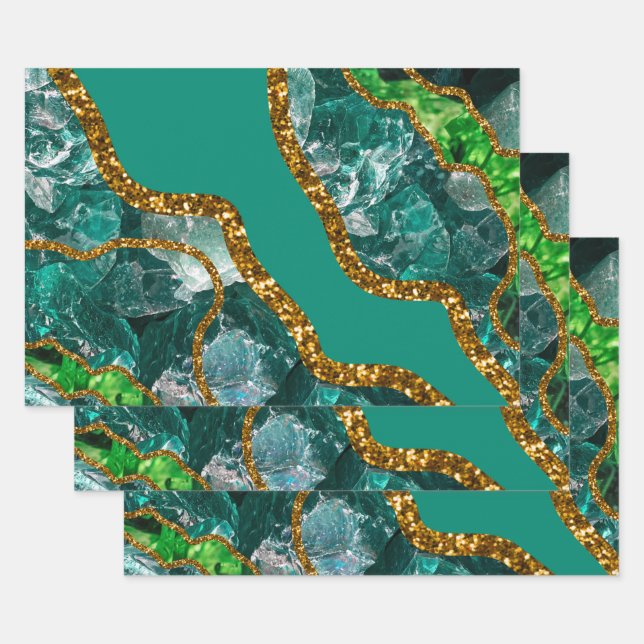 Emerald Green & Gold Agate Geode Glitter Wrapping Paper Sheets (Set)