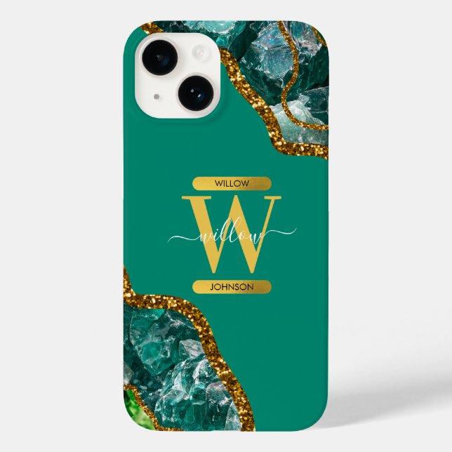 Emerald Green & Gold Agate Geode Monogram Case-Mate iPhone Case (Back)