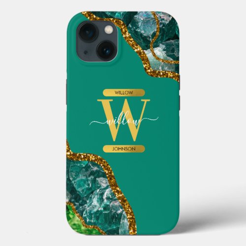 Emerald Green  Gold Agate Geode Monogram iPhone 13 Case