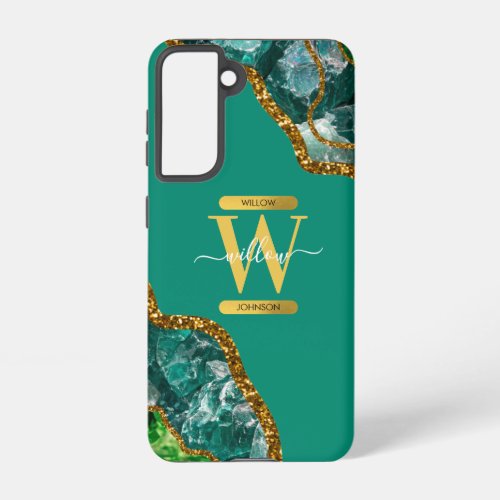 Emerald Green  Gold Agate Geode Monogram Samsung Galaxy S21 Case