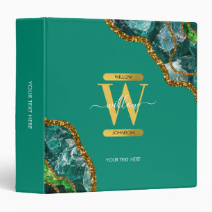 Emerald Green & Gold Agate Geode Monogram School 3 Ring Binder