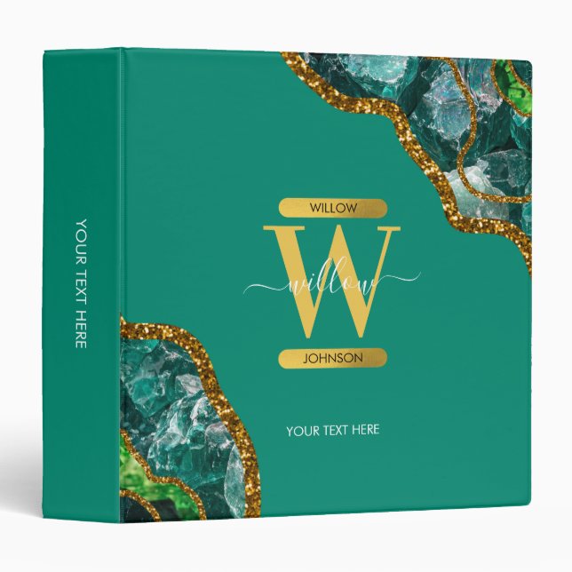 Emerald Green & Gold Agate Geode Monogram School 3 Ring Binder (Front/Spine)