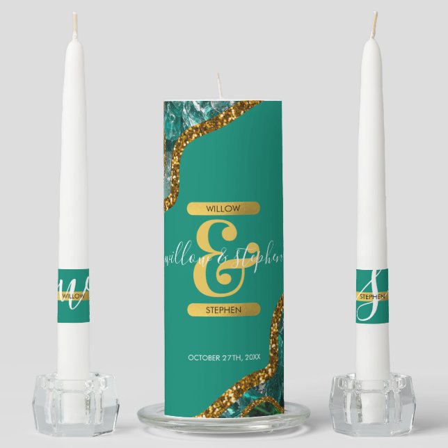 Emerald Green & Gold Agate Geode Wedding Unity Candle Set (Front)